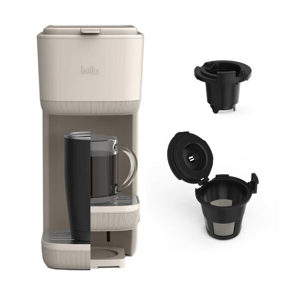 BELLA Single Serve Coffee Maker, K Cup & Coffee Ground Compatible with Removable, Adjustable Drip Tray, Auto Shutoff & Reusable Dishwasher Safe Accessories, Brews 6oz to 14oz,... BELLA Single Serve Coffee Maker, K Cup & Coffee Ground Compatible with Removable, Adjustable Drip Tray, Auto Shutoff & Reusable Dishwasher Safe Accessories, Brews 6oz to 14oz,...