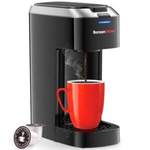 Bonsenkitchen Single Serve Coffee Maker, Coffee Brewer for K Cup Capsule, Fast Brewing Coffee Machine, Space Saving Design, 6 to 14oz Brew Size, Fits 6.6" Travel Mugs, Silver