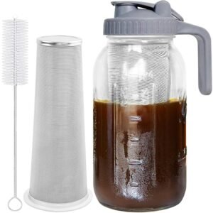 Cold Brew Coffee Maker Jar - 64oz Thick Glass Multipurpose Mason Pitcher Spout Lid with Handle & Stainless Steel Filter for Iced Coffee, Lemonade, Ice Tea, Homemade Fruit Drinks...