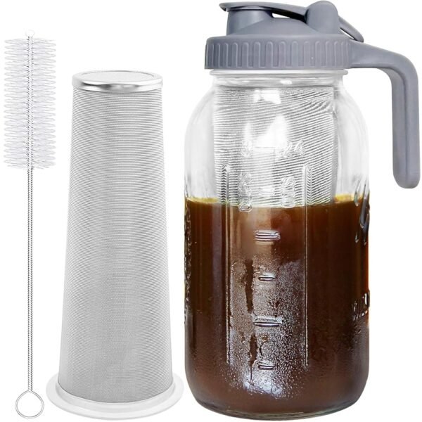 Cold Brew Coffee Maker Jar - 64oz Thick Glass Multipurpose Mason Pitcher Spout Lid with Handle & Stainless Steel Filter for Iced Coffee, Lemonade, Ice Tea, Homemade Fruit Drinks... Cold Brew Coffee Maker Jar - 64oz Thick Glass Multipurpose Mason Pitcher Spout Lid with Handle & Stainless Steel Filter for Iced Coffee, Lemonade, Ice Tea, Homemade Fruit Drinks...