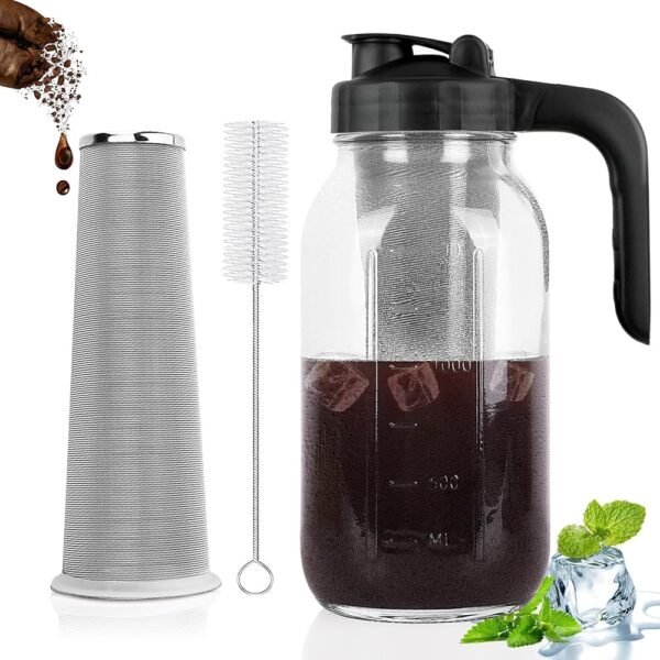 Cold Brew Coffee Maker Pitcher, 64 Oz Heavy Duty Glass Mason Jar Pitcher with V-shaped Pour Spout Handle Lid,Stainless Steel Filter for Iced Coffee,Iced tea,Fruit...