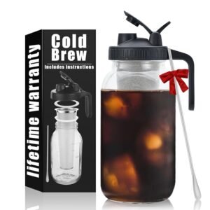 Cold Brew Mason Coffee Maker - 64oz Iced Coffee Pitcher with Stainless Steel Mixing Spoon & Super Dense Filter 3 Steps Finish Cold Brew Coffee, Classic BPA Free Sturdy Mason jar...