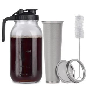 Cold Brew Mason Jar iced Coffee Maker, Durable Glass, 64 oz (2 Quart / 1.9 Liter), With Handle& Stainless Steel Filter for Iced Brew Coffee, Lemonade, Ice Tea, Homemade Fruit...