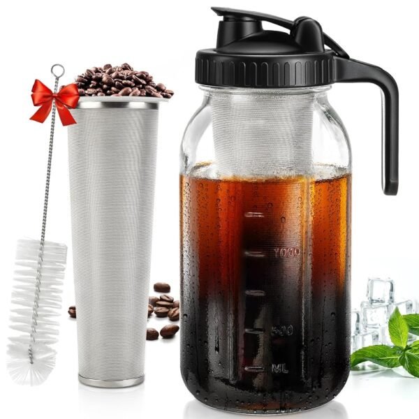 DWTS DANWEITESI Cold Brew Coffee Maker 64 oz,2-Quart Wide Mouth Cold Brew Maker with Stainless Steel Cold Brew Filter-Mason Jar Pitcher with Lid and Spout for Coffee,Iced Coffee...
