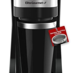 Elite Gourmet EHC114 Personal Single-Serve Compact Coffee Maker Brewer Includes 14Oz. Thermal Travel Mug with Stainless Steel Interior, Compatible with Coffee Grounds, Reusable...