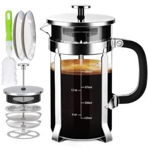 French Press Coffee Maker 304 Stainless Steel Coffee Press,with 4 Filters System, Heat Resistant Thickness Borosilicate French Press Glass, BPA-Free Brewed Tea Pot Coffee... French Press Coffee Maker 304 Stainless Steel Coffee Press,with 4 Filters System, Heat Resistant Thickness Borosilicate French Press Glass, BPA-Free Brewed Tea Pot Coffee...