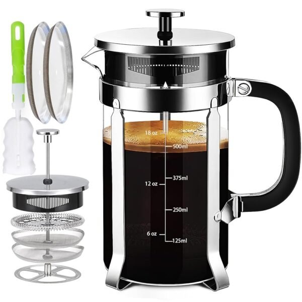 French Press Coffee Maker 304 Stainless Steel Coffee Press,with 4 Filters System, Heat Resistant Thickness Borosilicate French Press Glass, BPA-Free Brewed Tea Pot Coffee...