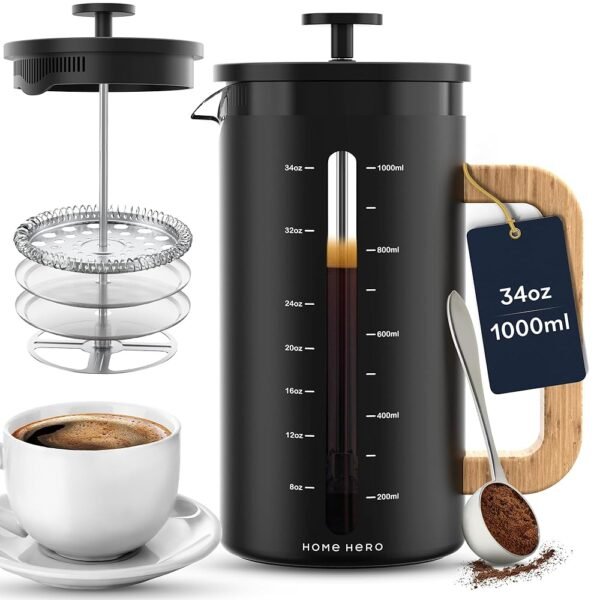 Home Hero French Press Coffee Maker - 34 oz Coffee Press with Bamboo Wood Handle, Heat Resistant Thick Borosilicate Glass French Presses, 4 Layer Filter, French Press Stainless...