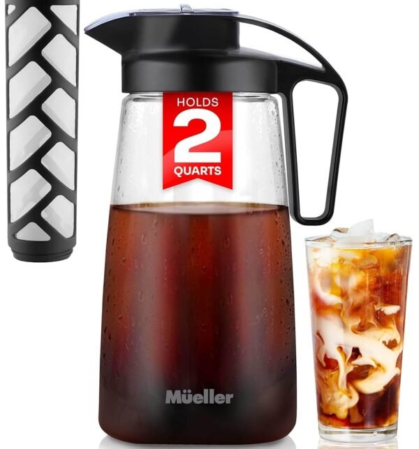 Mueller Cold Brew Coffee Maker, 64 oz Tritan Fortified Pitcher, Pour Spout Handle Lid, Resilient & Leak-Proof for Iced Coffee Tea