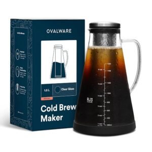 OVALWARE Airtight Cold Brew Iced Coffee Maker Pitcher (& Iced Tea Maker) with Spout – 1.5L/ 51oz Brewing Glass Carafe with Removable Stainless Steel Filter OVALWARE Airtight Cold Brew Iced Coffee Maker Pitcher (& Iced Tea Maker) with Spout – 1.5L/ 51oz Brewing Glass Carafe with Removable Stainless Steel Filter