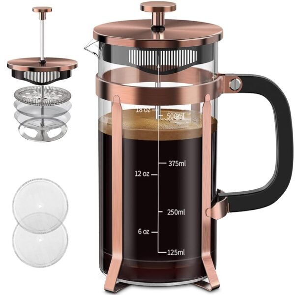 QUQIYSO Coffee Maker 304 Stainless Steel French Press with 4 Filter, Heat Resistant Durable, Easy to Clean, Borosilicate Glass Coffee Press, 100% BPA Free Teapot, 21 ounce, copper QUQIYSO Coffee Maker 304 Stainless Steel French Press with 4 Filter, Heat Resistant Durable, Easy to Clean, Borosilicate Glass Coffee Press, 100% BPA Free Teapot, 21 ounce, copper