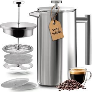 Utopia Kitchen Stainless Steel French Press Coffee Maker 34 Oz (1 Litre) with 2 Extra Filters, French Press Coffee & Tea Maker for Kitchen & Camping, Cold Brew Cafetiere, Silver Utopia Kitchen Stainless Steel French Press Coffee Maker 34 Oz (1 Litre) with 2 Extra Filters, French Press Coffee & Tea Maker for Kitchen & Camping, Cold Brew Cafetiere, Silver